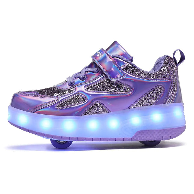 Fatansy Roller Glow in the Dark Glitter Shoes for Kids LED Lights Up Charge Sneakers with Wheels Girls Boys Gifts(Size 3 Little KidPurple)