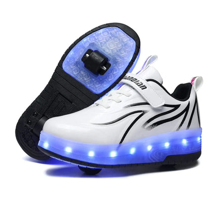 AMAZEN : Qneic Roller Shoes USB Rechargeable Roller Skate Shoes Wheels Sneakers for Boys Girls Light Up Shoes Kids(4 Big Kid/EU36White/Black)
